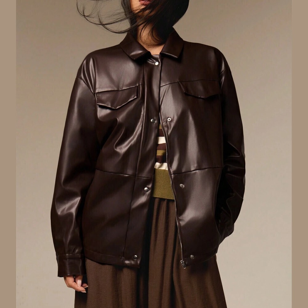 Dark Brown Faux Leather Zip Front Snap Pocket Shirt Jacket